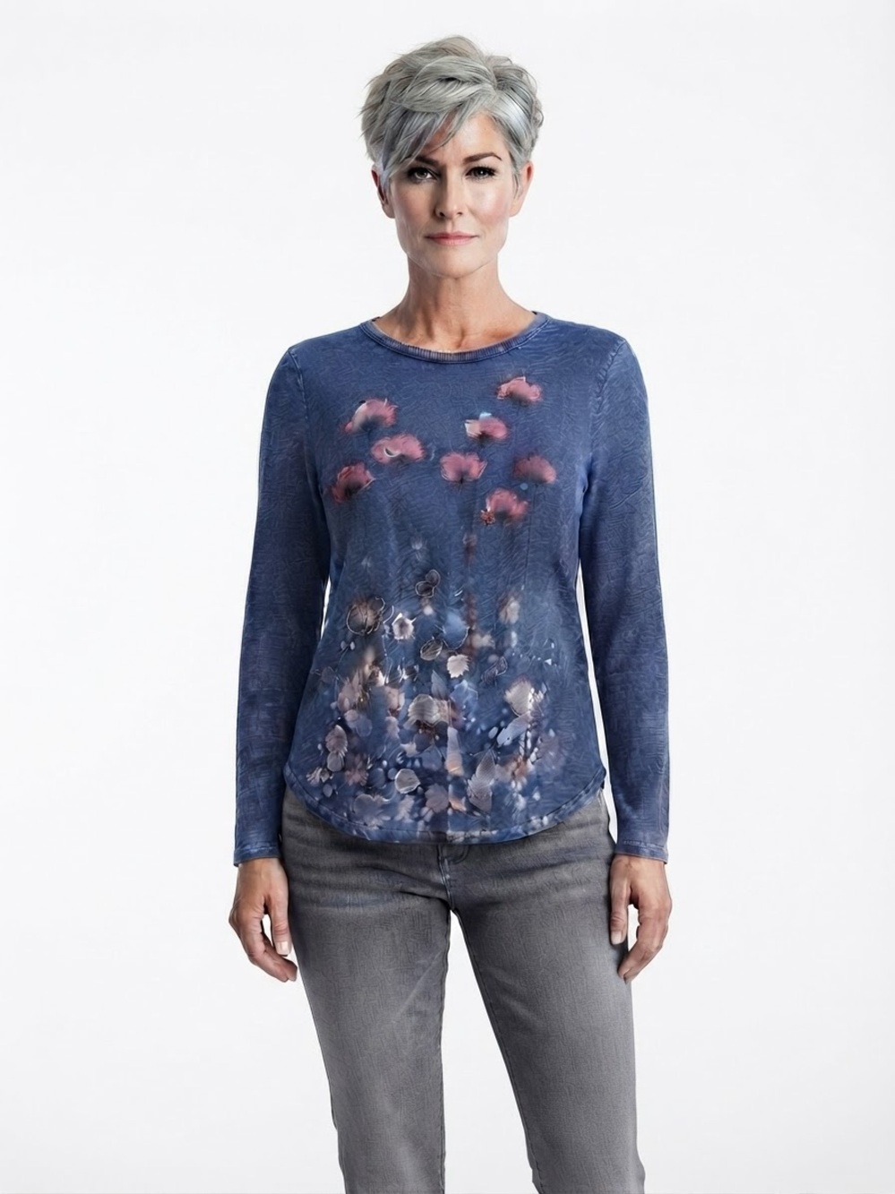 Jess & Jane Women's Large Blue Shirt Botanical Mineral Washed Tiered Boho Artsy